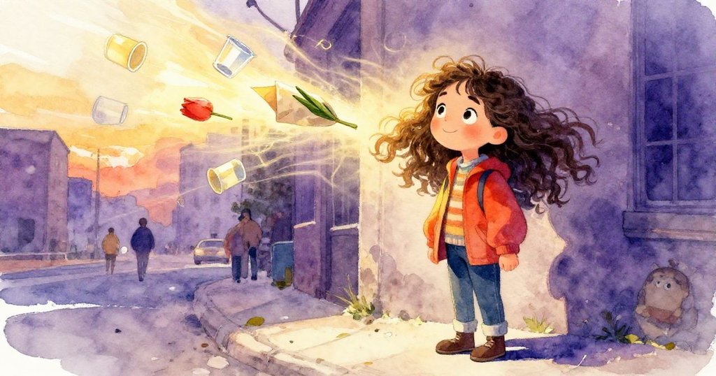 狂風掃過街邊,空杯隨風飄動,米拉穩定呼吸準備過馬路,氛圍動感而緊張。