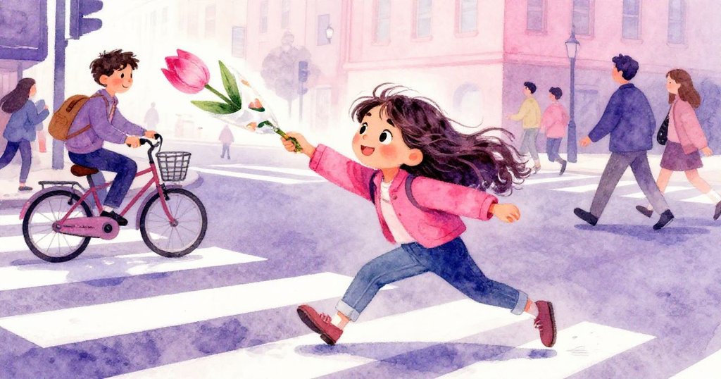 危機來臨時,米拉迅速躍起拾回滑行鬱金香,臉上洋溢著果斷與驚訝,場面充滿動感。