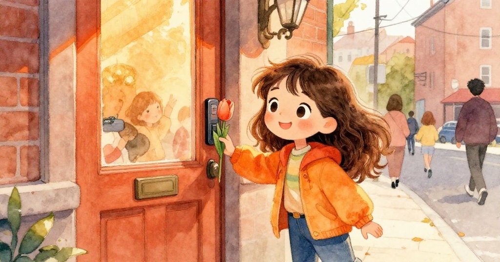 米拉抵達溫馨磚巷門前,將保護好的鬱金香輕放門鈴旁,臉上流露勝利與告別情懷。