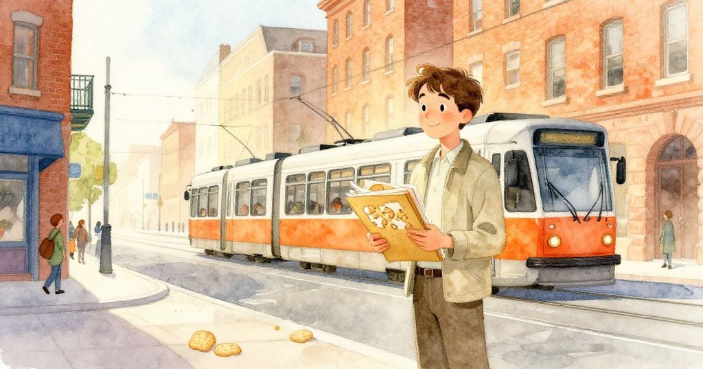 米羅站在晨光中的草甸街上,手持食譜夾子,背景遠見開動的電車,表情平靜,準備踏上冒險。