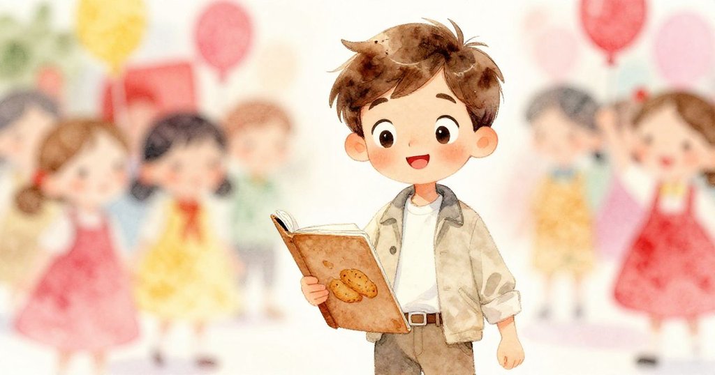 米羅面部特寫中流露出驚訝與期待,背景隱現鮮豔遊行隊伍與鼓聲,心情由平靜轉為充滿好奇。