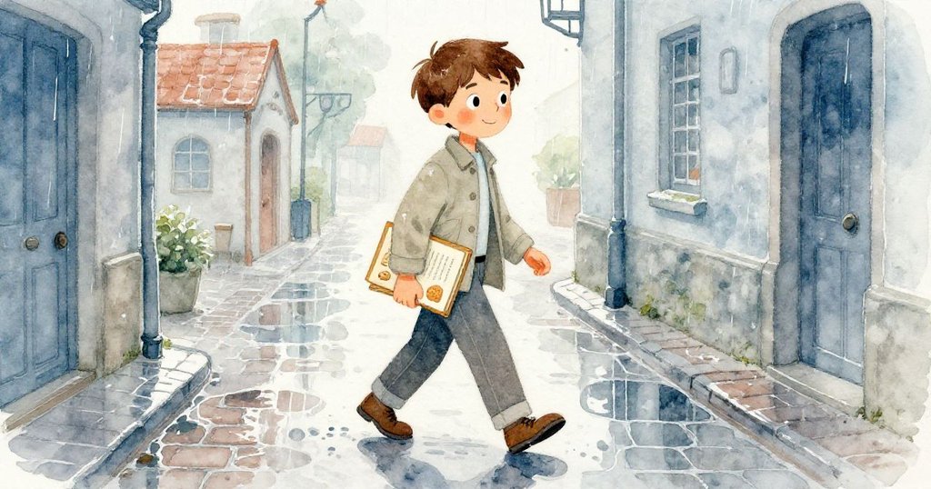 米羅在雨中穿過狹窄老磚巷,水坑中映出他堅定的神情,雨滴輕觸磚牆,充滿濕潤意境。