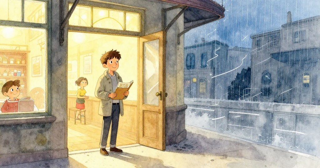 米羅走進溫暖拱廊,窗外雨絲連綿,內部燈光柔和,呈現從雷雨到黃昏的時間更迭。