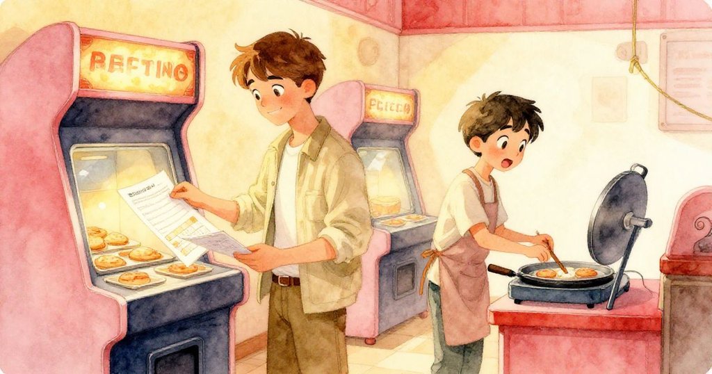 米羅與利奧在拱廊中相遇,米羅專注調整食譜,利奧站在爐邊驚喜相迎,兩人共同商議美味決定。