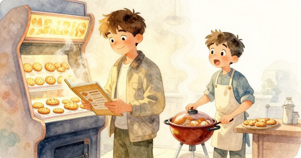 米羅與利奧在溫馨拱廊中共享寧靜時刻,甜美蒸氣環繞,臉上滿是成功後的輕鬆愉悅,結束了一天冒險。