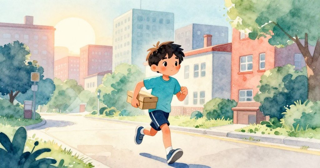 Sam在晨曦中輕快跑向學校，肩背鞋盒，城市街道與柔和光線營造出充滿希望的新一天氣氛