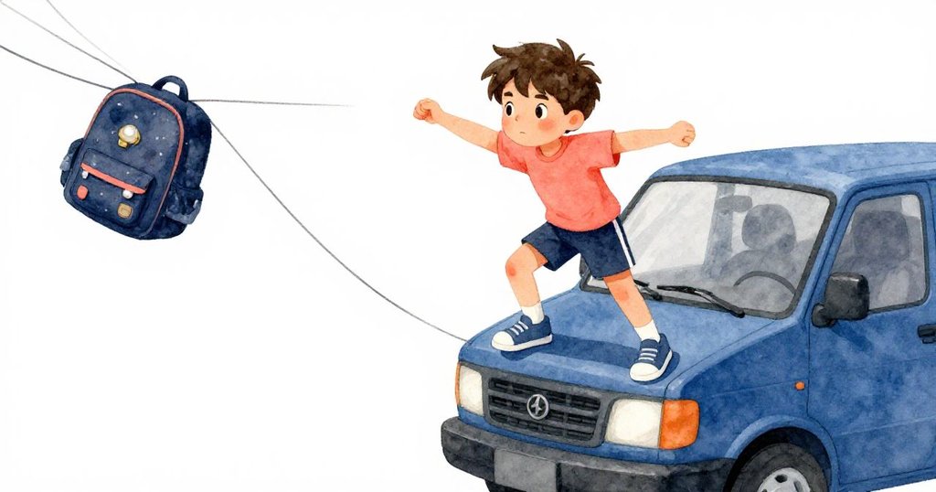 Sam勇敢地跨上藍車保險杠，背包滑落被電纜勾住，畫面呈現出緊張動感與瞬間懸念