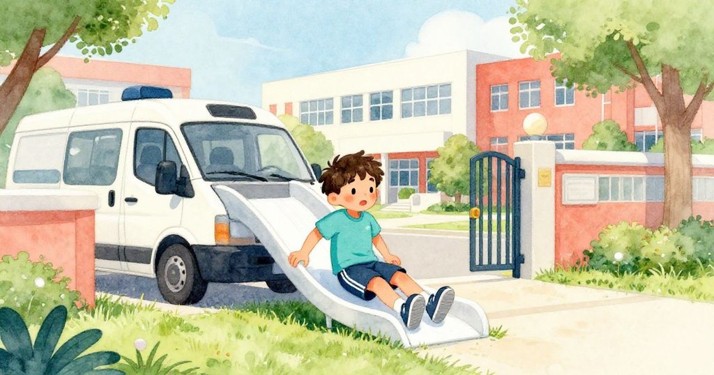 Sam安全抵達校園門口，快步穿過草坪，臉上充滿釋然與期待，陽光映照著新一天開始的溫暖氣息