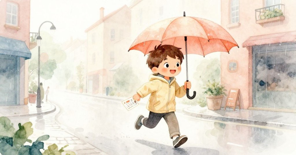 米洛在微雨晨光中奔跑,撐著鮮豔的雨傘和票,背景有劇院與麵包店,充滿期待與活力。