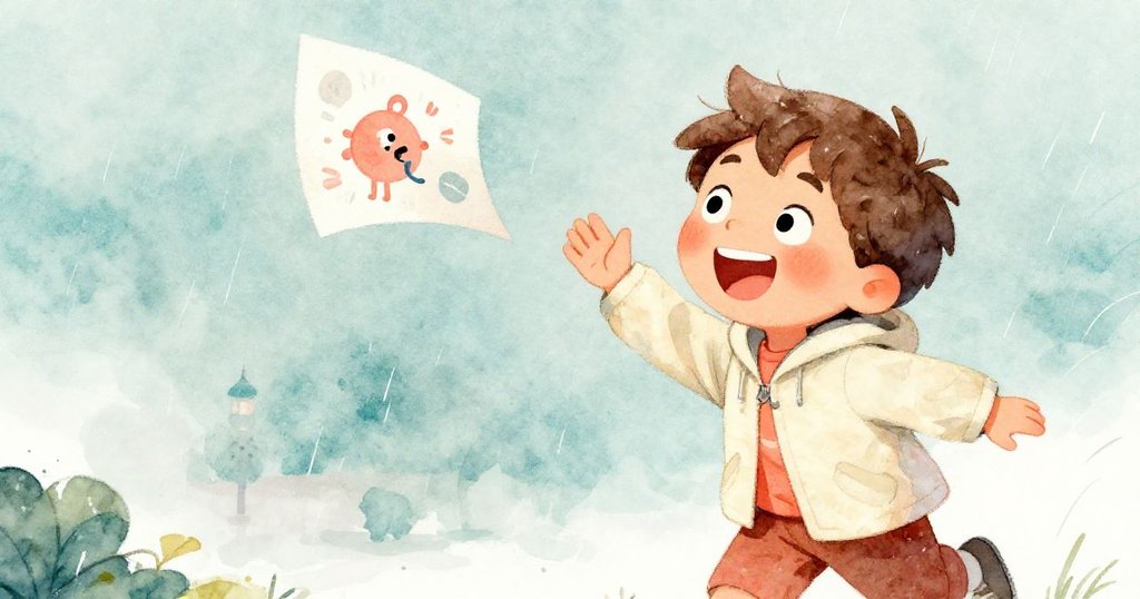 米洛停下來觀察被風吹動的報紙,臉上洋溢著真摯的笑容,漫畫模糊卻有趣,雨中氛圍溫暖活潑。