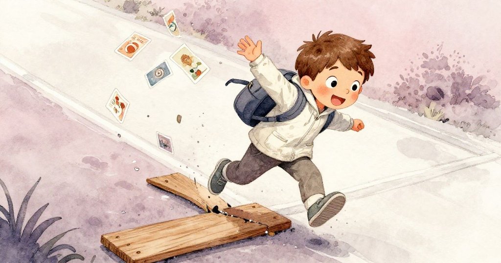 米洛在濕潤小路上被鬆板絆倒,背包帶破裂,卡牌四散飄落,畫面充滿驚訝與小插曲。