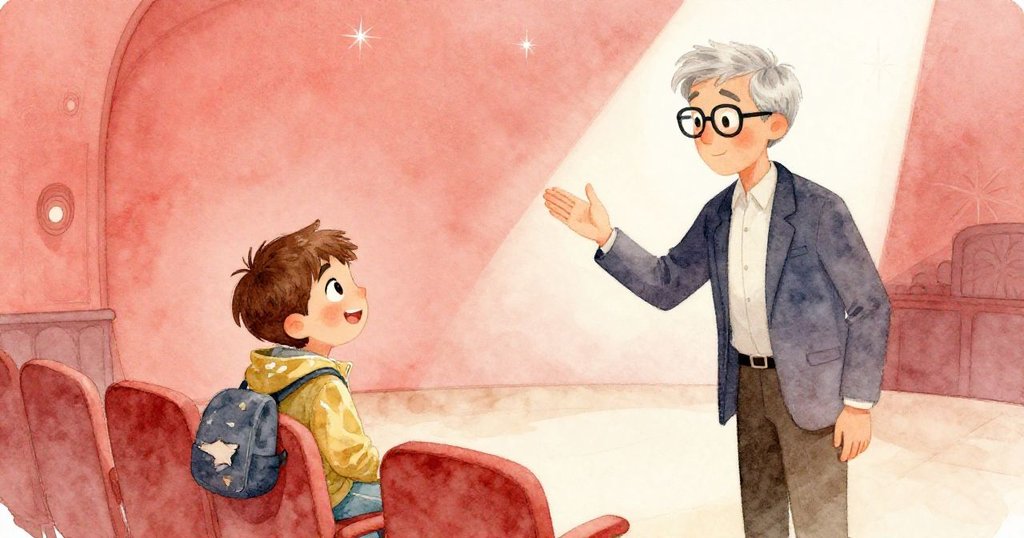 米洛坐在劇院前排,背包帶破損,望著台上化身魔術師的Mr. Ortiz,觀眾與燈光交織出魔幻驚嘆。