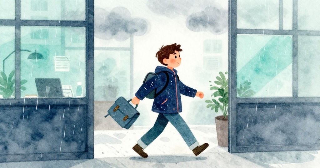 Evan急步離開辦公室奔向地鐵入口，雨天背景濕潤朦朧，心情充滿決心與期待展開新一天冒險。