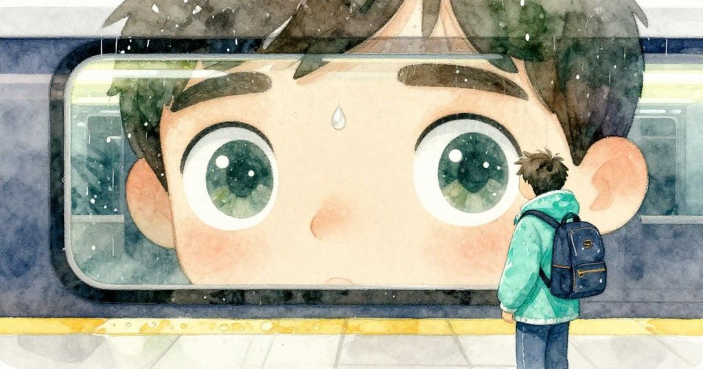 Evan站在地鐵月台上，眼神專注中映出濕潤倒影，流露出焦慮與希望情緒，展現內心細膩感受。