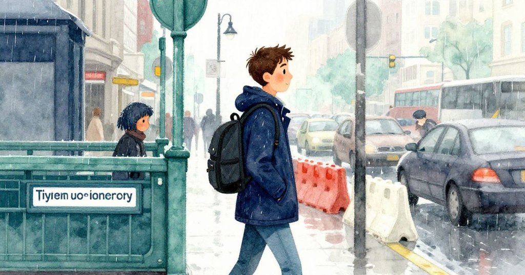 Evan走出地鐵站進入車水馬龍街頭，緊握手機尋找新路線，面對路障與車流，神情中透露出緊張與決心。