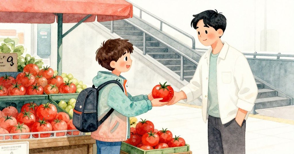 Evan在地鐵階梯下果攤前獲得溫暖幫助，一名通勤族彎腰將鮮紅番茄收入午餐盒，場景充滿人情味與驚喜。