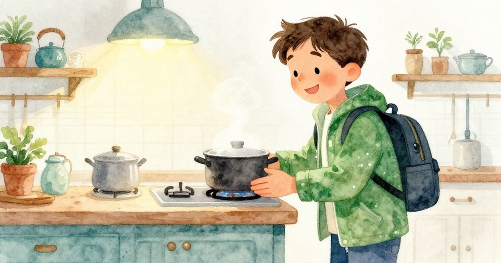 Evan回到溫馨廚房，注視冒氣湯鍋，臉上露出滿足笑容，窗外微霧映襯下任務圓滿完成。