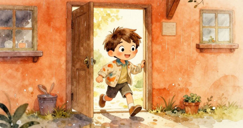 米羅興奮地走出家門，踏進雨後閃亮的街道，手持彩繪賀卡，臉上滿是期待和喜悅。