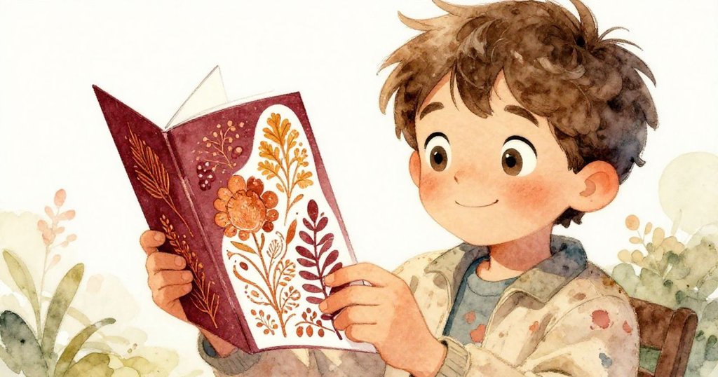 米羅細心欣賞手中彩繪賀卡，特寫展示卡上精緻水彩筆觸，色彩鮮豔充滿希望與溫暖。