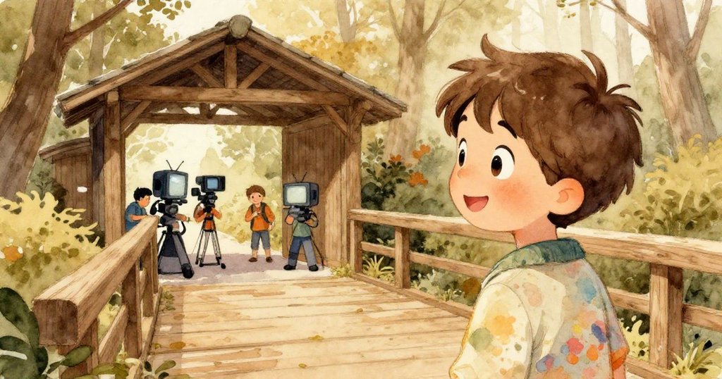 米羅從背後觀望，發現橋口聚滿電視攝影團隊與器材，臉上流露驚訝與堅定神情。