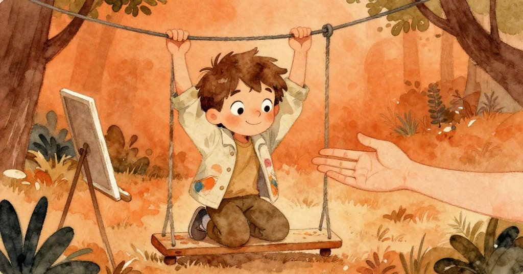 米羅蹲下小心撥開搖擺電纜，與默默伸出援手的畫家眼神交會，流露出彼此扶持和理解的暖意。