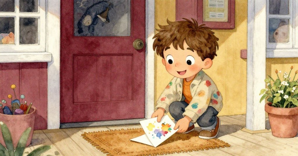 米羅終於抵達奶奶門前，將閃亮的賀卡輕放在溫暖質感的門廊墊上，臉上流露滿足與安心之情。