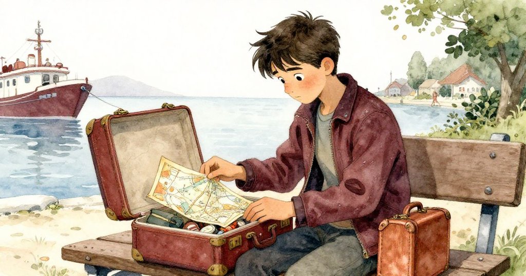 李奧坐在海邊長椅上仔細打開行李箱，箱內露出破舊的地圖和小飾品，神情專注充滿回憶。