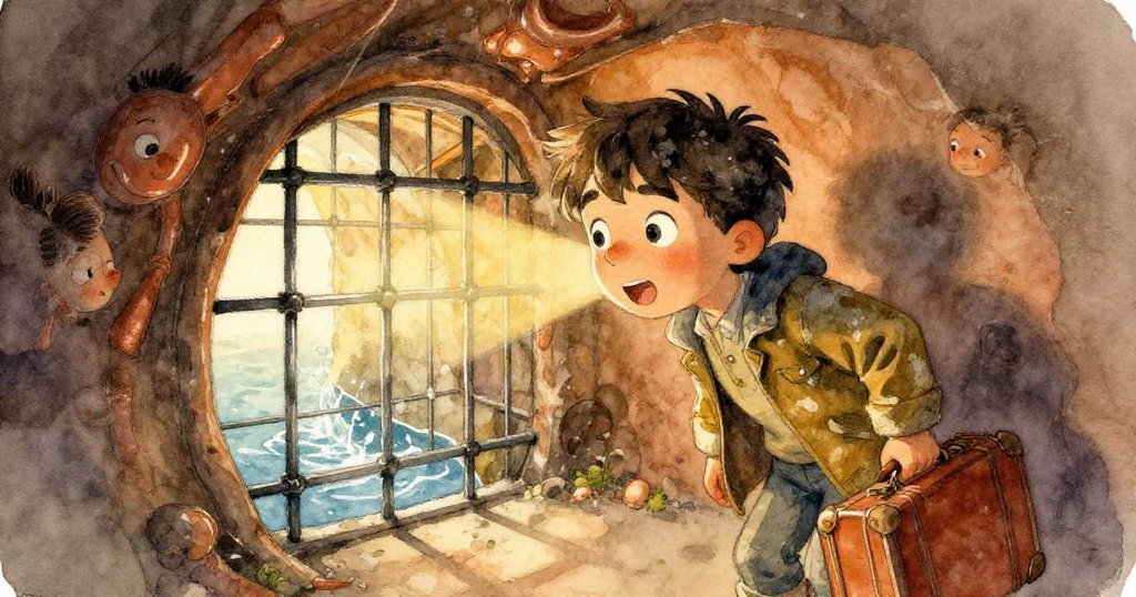 李奧在昏暗的隧道中透過半開的鐵柵好奇望向外面閃亮的流水，眼神中充滿希望與渴望。