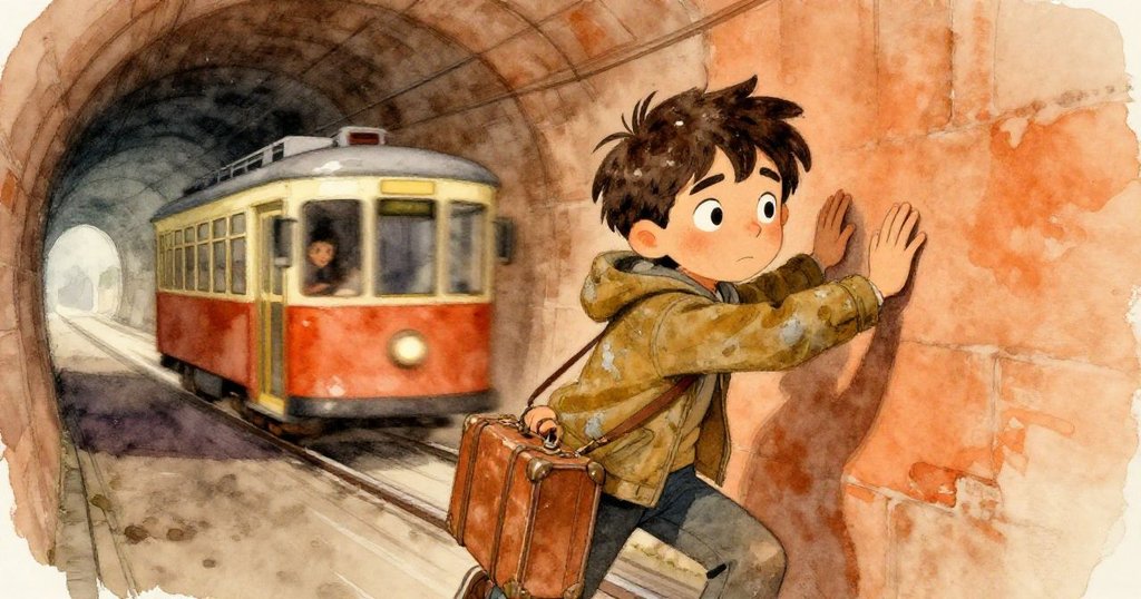 李奧在隧道中緊貼牆壁迅速避開迎面而來的小推車，神情緊張而果斷，充滿動感與暖色調。