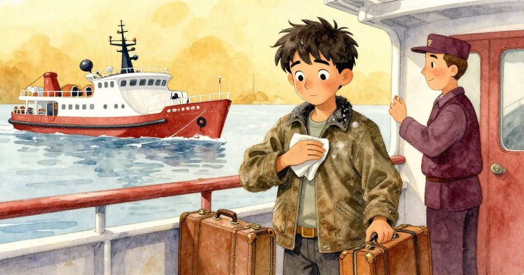 李奧登上渡輪甲板，擦去衣袖上的灰塵，與船員熱情點頭致意，表情愉悅，環境充滿海上活力。