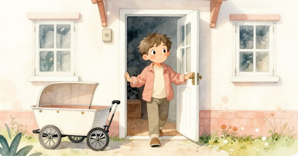 米洛在晨光中走出旅舍，注視著半開的接駁車，表情充滿期待，春天的柔和光線映照在他身上。