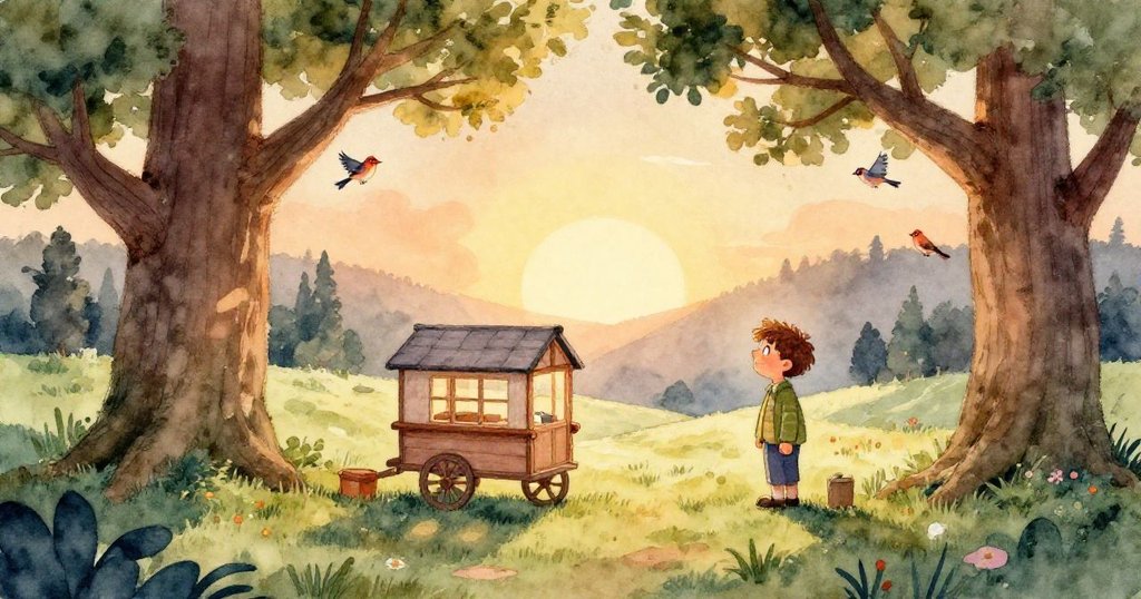 米洛的眼睛特寫，眼中閃爍著好奇與期待，背景以薰衣草灰與粉玫瑰柔和描繪，展示晨曦初露時的情感。