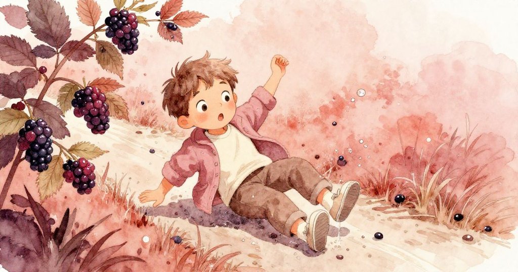 米洛在狹窄的跑道上不慎滑倒，身旁有黑莓叢，他臉上露出驚訝與短暫的痛楚，動感畫面中晨光柔和。