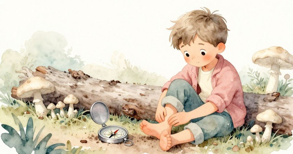 米洛坐在倒下的原木旁，用手按摩受傷的腳踝，旁邊小菇和轉動的指南針引起他的好奇，展現溫柔午後氛圍。