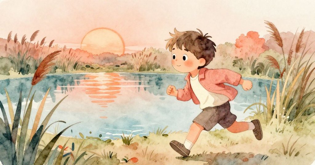 米洛充滿好奇動作向秘境池塘奔去，臉上流露出興奮，橙色日出映照在池面上，周圍蘆葦輕柔擺動。