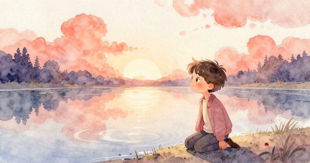 米洛在日出時分蹲於靜謐池塘邊，打開他的素描本，專注描繪倒映著橙色雲彩的水面，充滿了完成旅程的平靜感。