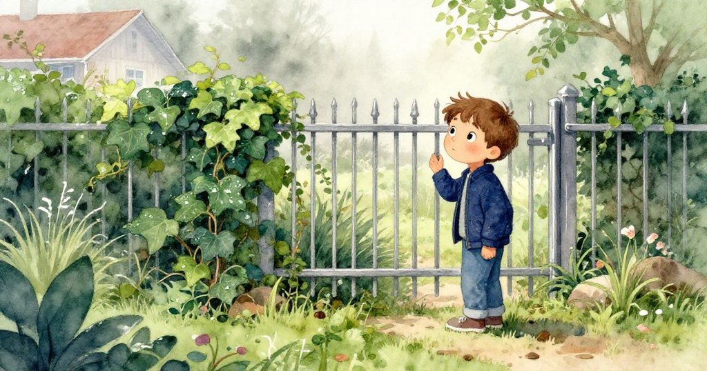 Mason站在社區花園邊緣,晨霧中拿著手機期待捕捉知更鳥,背景有篱笆與綠意,表情充滿好奇。