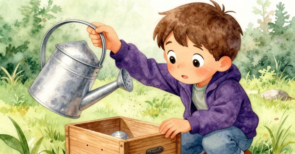 Mason仔細檢查帶孔木箱,旁邊銀色澆水罐在初陽中閃耀,手法溫柔展現出濃厚好奇心。