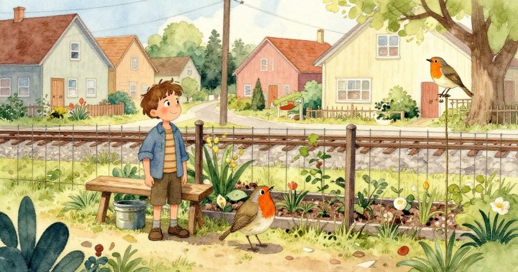 從知更鳥視角看見木箱中散落種子,紅胸鳥輕落箱上探索,背景綠意盎然充滿動感與神秘氣息。