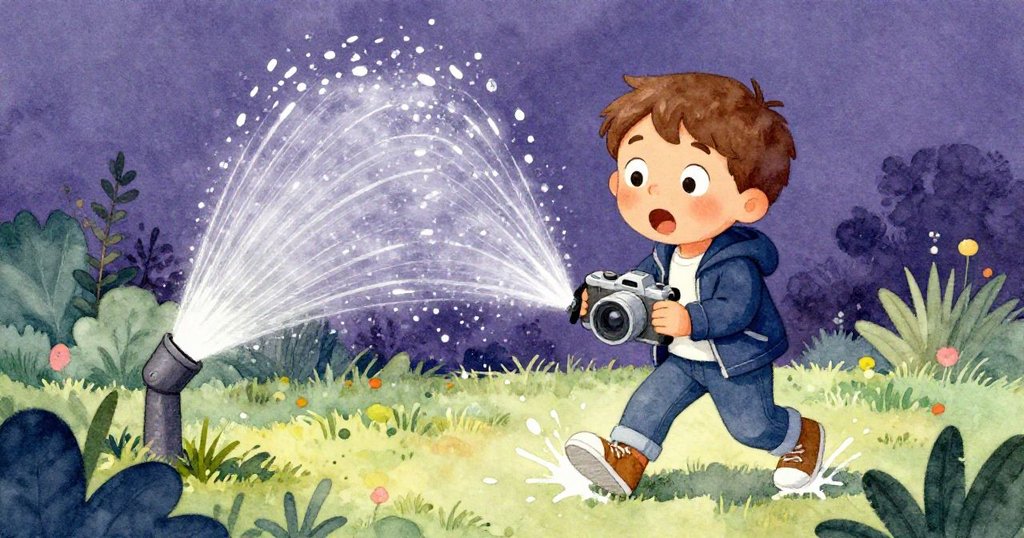 Mason被自動噴水器突如其來的水流驚嚇,濕潤鞋子與相機映出驚奇神情,背景花園充滿活力。