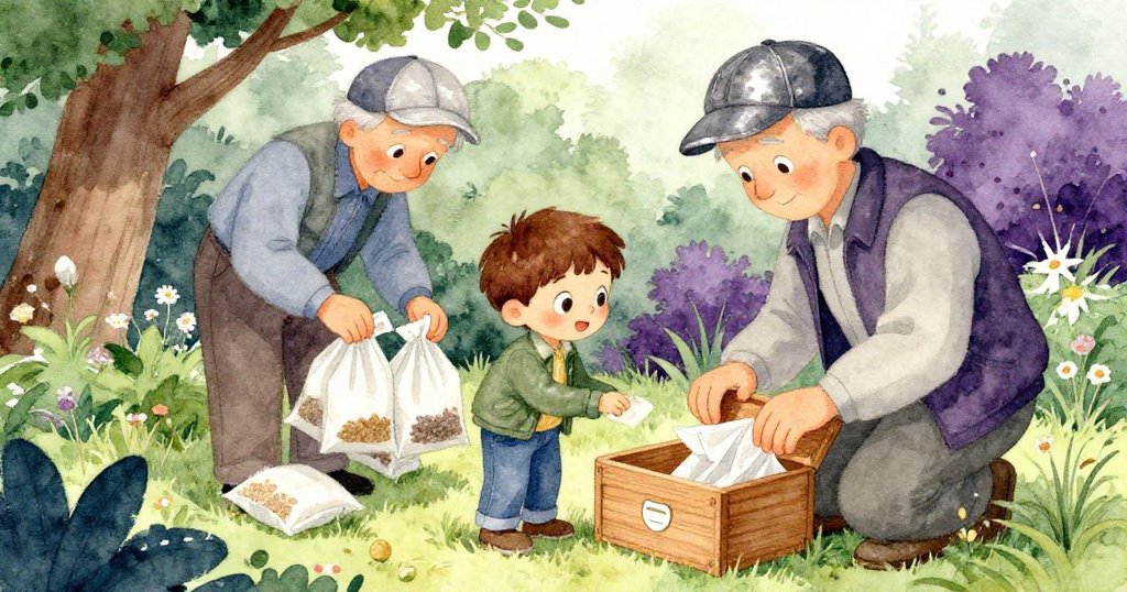 Mason與看護人互動,老者指向裝種子木箱,Mason發現石下小貼紙,場景寧靜充滿探索與溫馨意味。