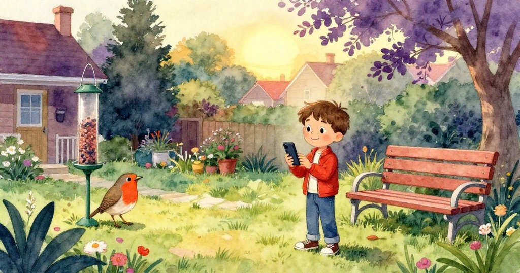 Mason微笑望著手機中拍攝的知更鳥照片,花園中新設喂鳥器與看護座位迎接黃昏,場景溫馨流露冒險預兆。