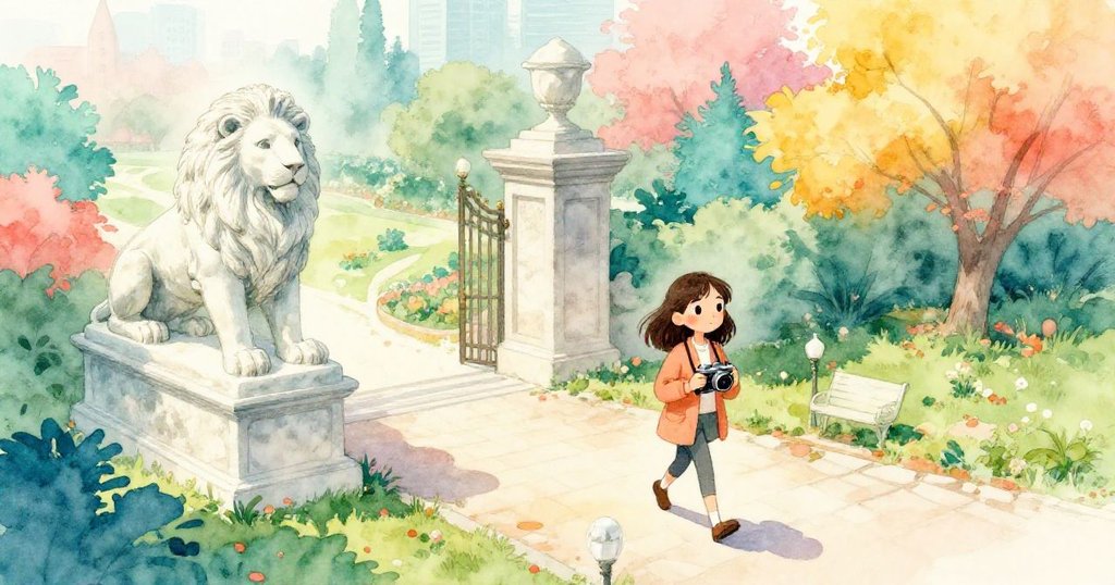 米拉在黎明時的城市花園中行走,遠處石獅守望,晨曦初露展現出寧靜與期待的氛圍。