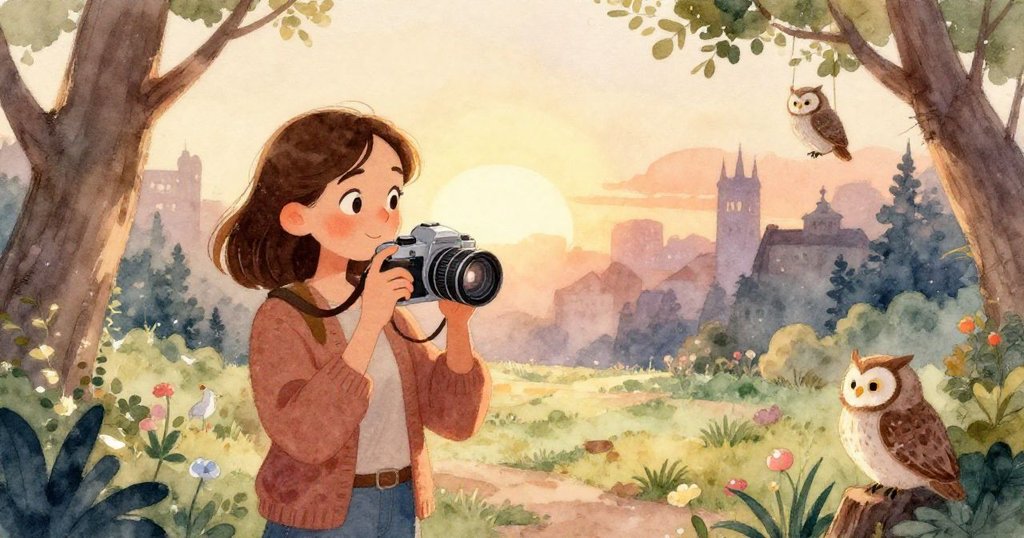 米拉用手輕拭舊相機鏡頭,晨光反射細緻塵埃,展現出她對細節的專注與溫柔準備。