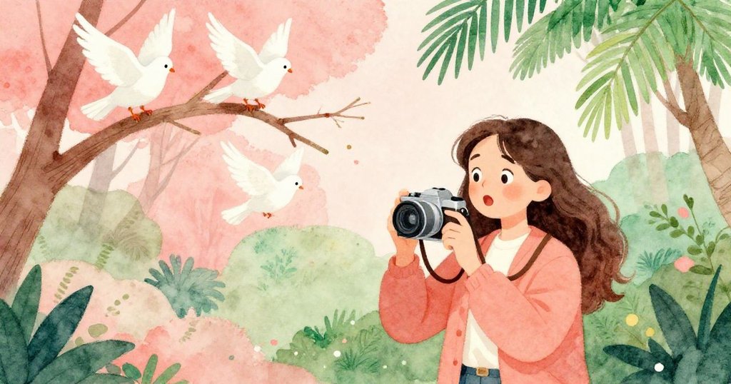 米拉在靜謐樹林中,見枝條斷裂釋放白鴿,驚喜中舉起相機捕捉動態瞬間,情感豐富。