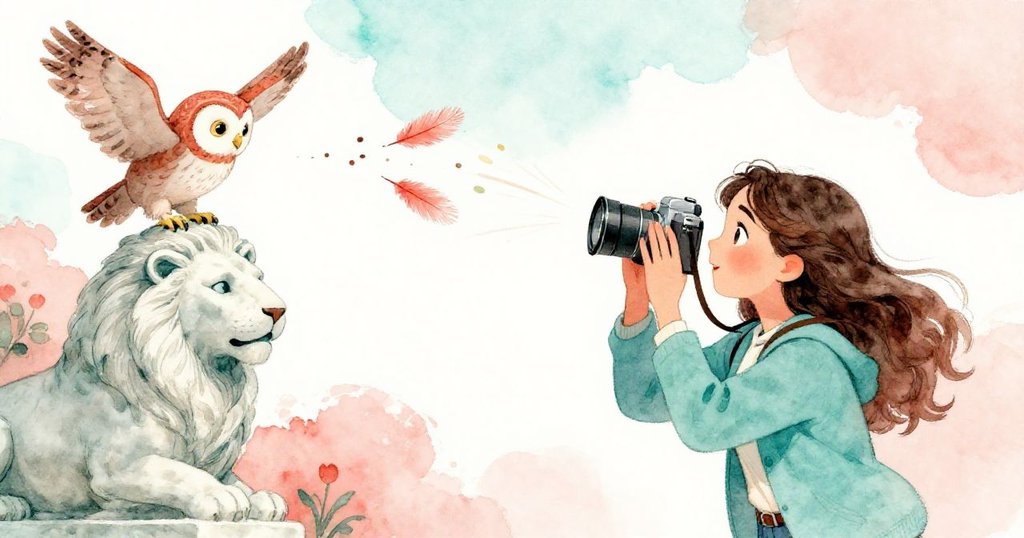 米拉快按快門驚動隱在石獅邊的羽毛,貓頭鷹驟然降臨,她的專注與動作突顯瞬間高潮。