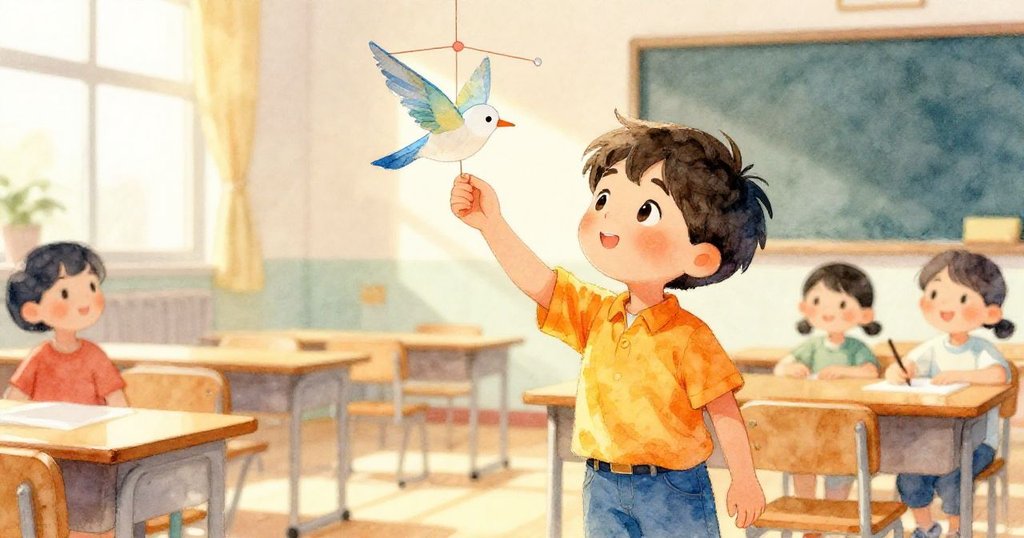 Leo在晨光中於空教室內，小心握持紙蜂鳥掛飾，臉上展現出專注與期待的表情，開啟創作旅程。