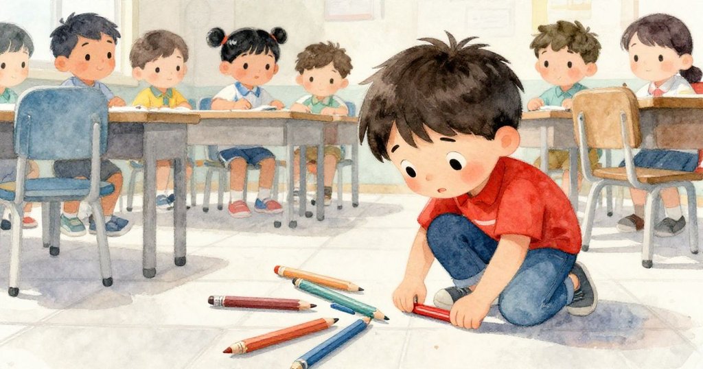 從低角度看見Leo彎腰撿拾散落鉛筆，動態教室中充滿活力與細膩光影，展現創作小插曲。