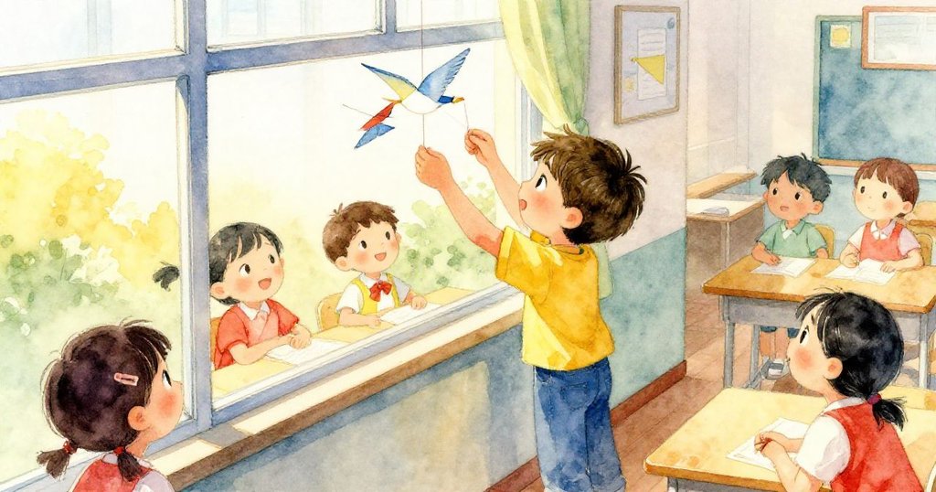 Leo在高處俯瞰教室，用凳子穩固後將紙蜂鳥懸掛窗邊，同學逐漸入座，氣氛明亮溫暖。