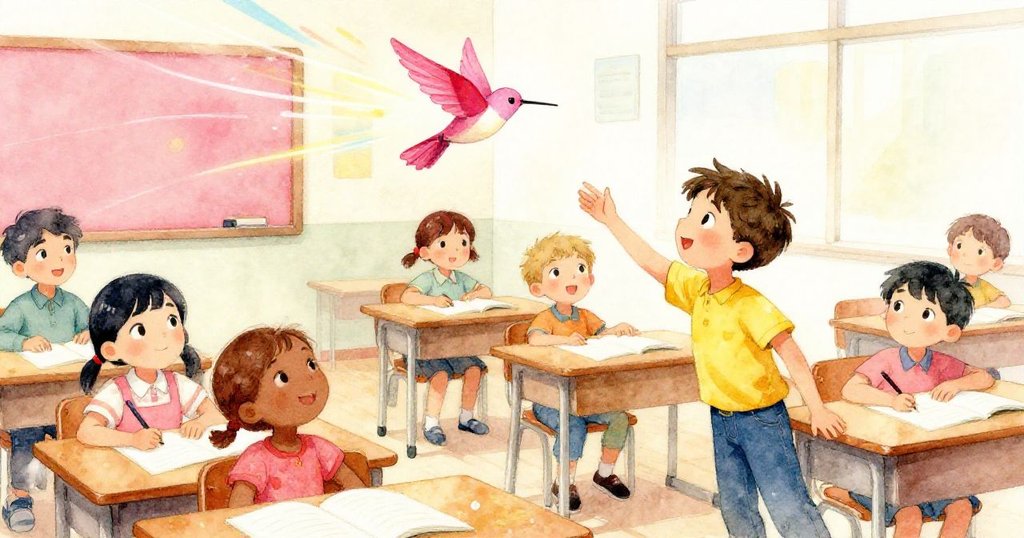 紙蜂鳥隨風快速旋轉，亮麗光影在桌面留痕，Leo與同學們驚奇注視動感瞬間，場景充滿魔幻活力。